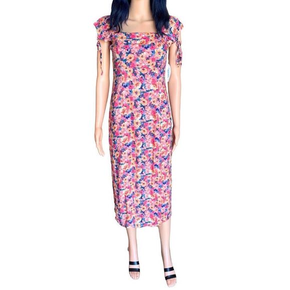 Sadie & Sage Pink Floral Puff Sleeve Midi Dress Small NWT Romantic Boho Smocked - Picture 5 of 6